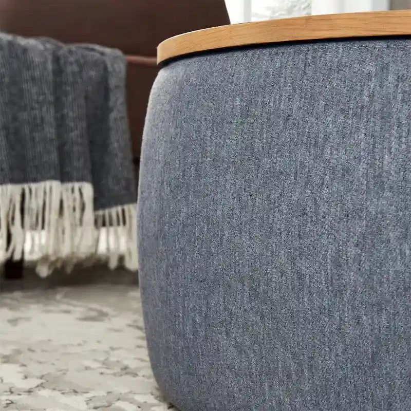 Pouf de rangement rond 3 en 1, servant à la fois de table basse et de table d'appoint artisanale.