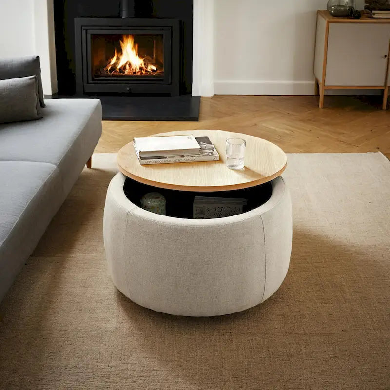 Pouf de rangement rond 3 en 1, servant à la fois de table basse et de table d'appoint artisanale.