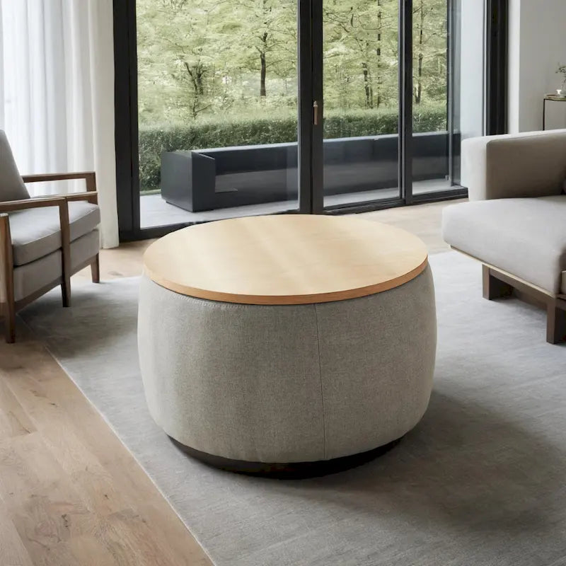 Pouf de rangement rond 3 en 1, servant à la fois de table basse et de table d'appoint artisanale.