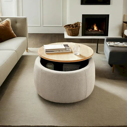 Pouf de rangement rond 3 en 1, servant à la fois de table basse et de table d'appoint artisanale.