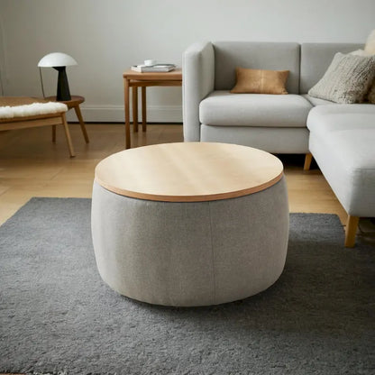 Pouf de rangement rond 3 en 1, servant à la fois de table basse et de table d'appoint artisanale.