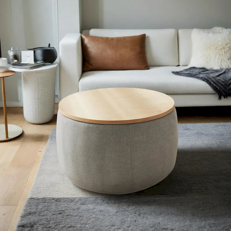 Pouf de rangement rond 3 en 1, servant à la fois de table basse et de table d'appoint artisanale.