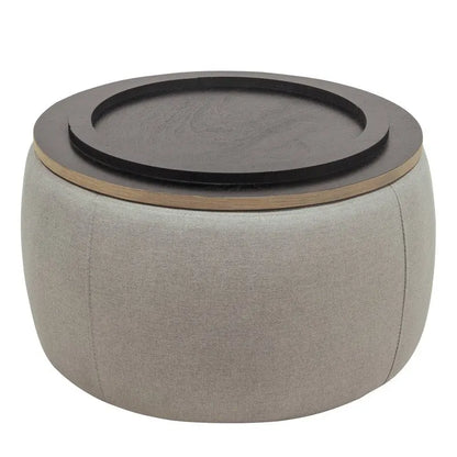 Pouf de rangement rond 3 en 1, servant à la fois de table basse et de table d'appoint artisanale.