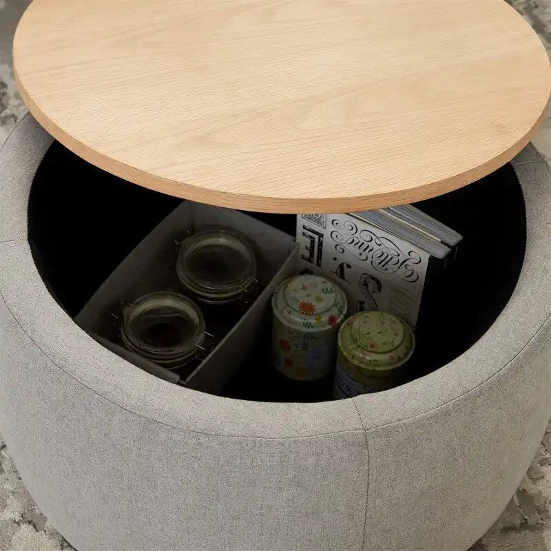 Pouf de rangement rond 3 en 1, servant à la fois de table basse et de table d'appoint artisanale.