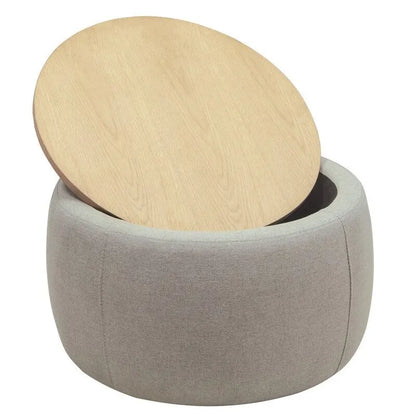Pouf de rangement rond 3 en 1, servant à la fois de table basse et de table d'appoint artisanale.