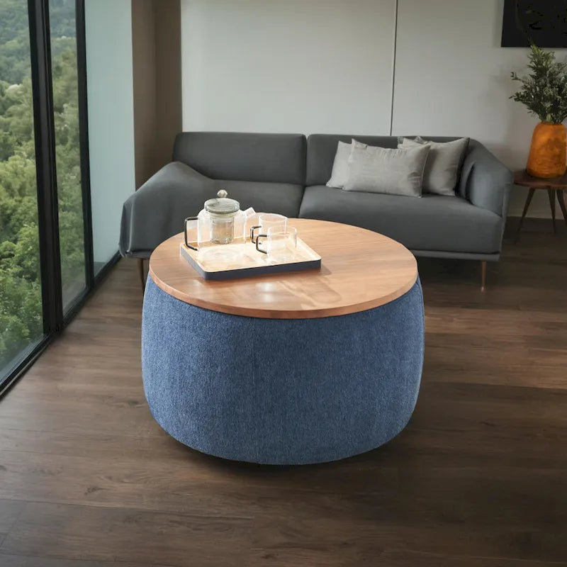 Pouf de rangement rond 3 en 1, servant à la fois de table basse et de table d'appoint artisanale.