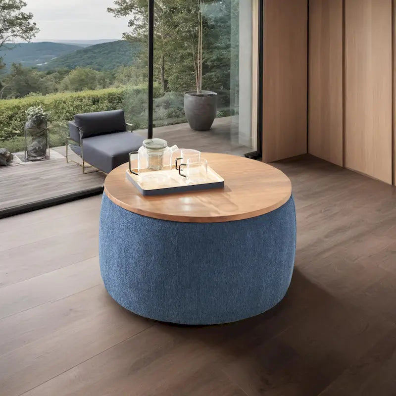 Pouf de rangement rond 3 en 1, servant à la fois de table basse et de table d'appoint artisanale.