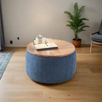 Pouf de rangement rond 3 en 1, servant à la fois de table basse et de table d'appoint artisanale.