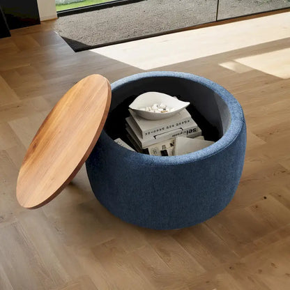 Pouf de rangement rond 3 en 1, servant à la fois de table basse et de table d'appoint artisanale.
