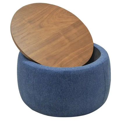Pouf de rangement rond 3 en 1, servant à la fois de table basse et de table d'appoint artisanale.