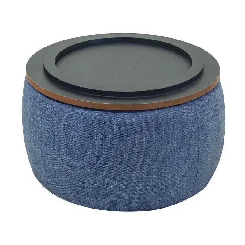 Pouf de rangement rond 3 en 1, servant à la fois de table basse et de table d'appoint artisanale.