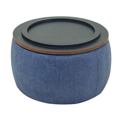 Pouf de rangement rond 3 en 1, servant à la fois de table basse et de table d'appoint artisanale.