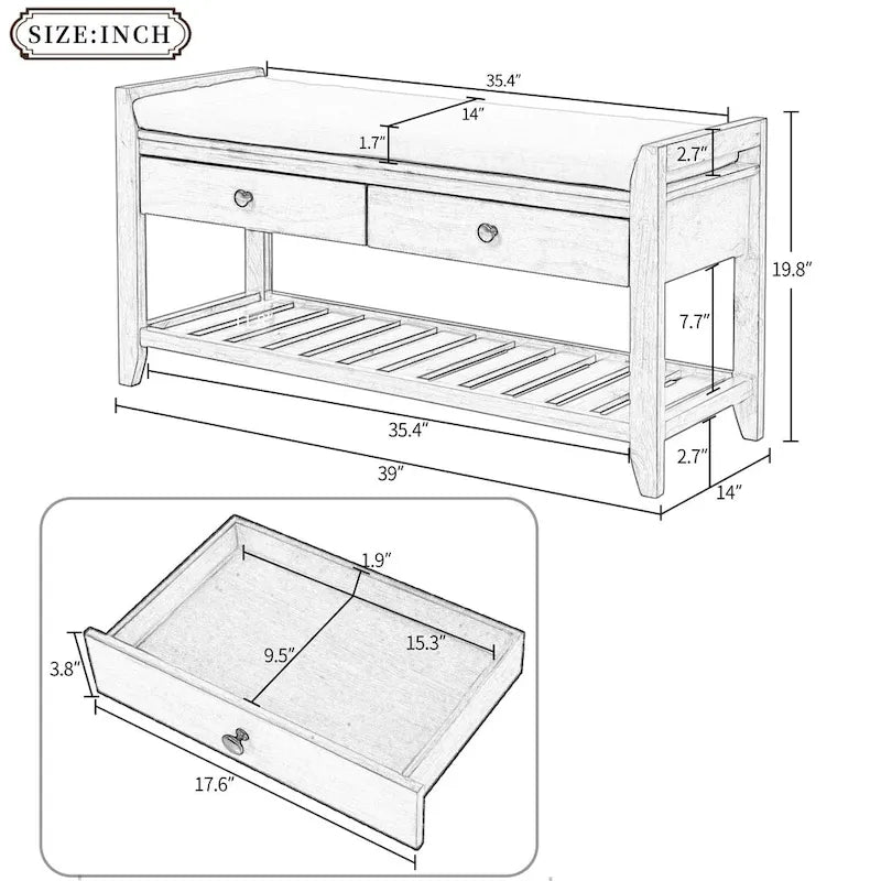 Banc de rangement d'entrée avec assise rembourrée et tiroirs - 39 cm (L) x 14 cm (l) x 19,8 cm (H)