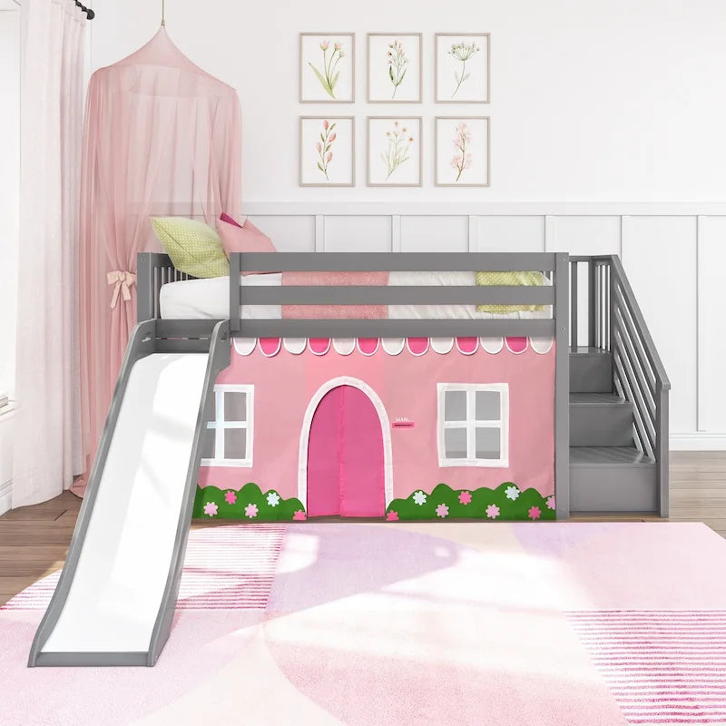 Lit mezzanine double classique Max and Lily avec escalier, toboggan facile et rideau