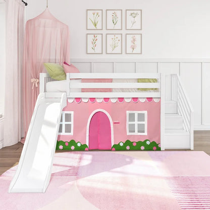 Lit mezzanine double classique Max and Lily avec escalier, toboggan facile et rideau
