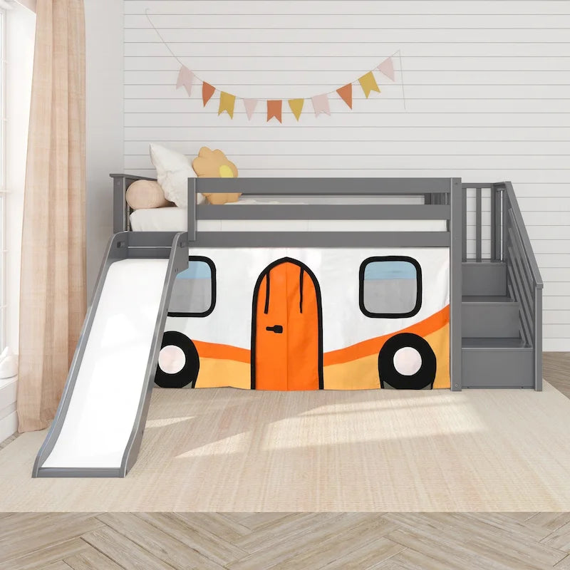 Lit mezzanine double classique Max and Lily avec escalier, toboggan facile et rideau