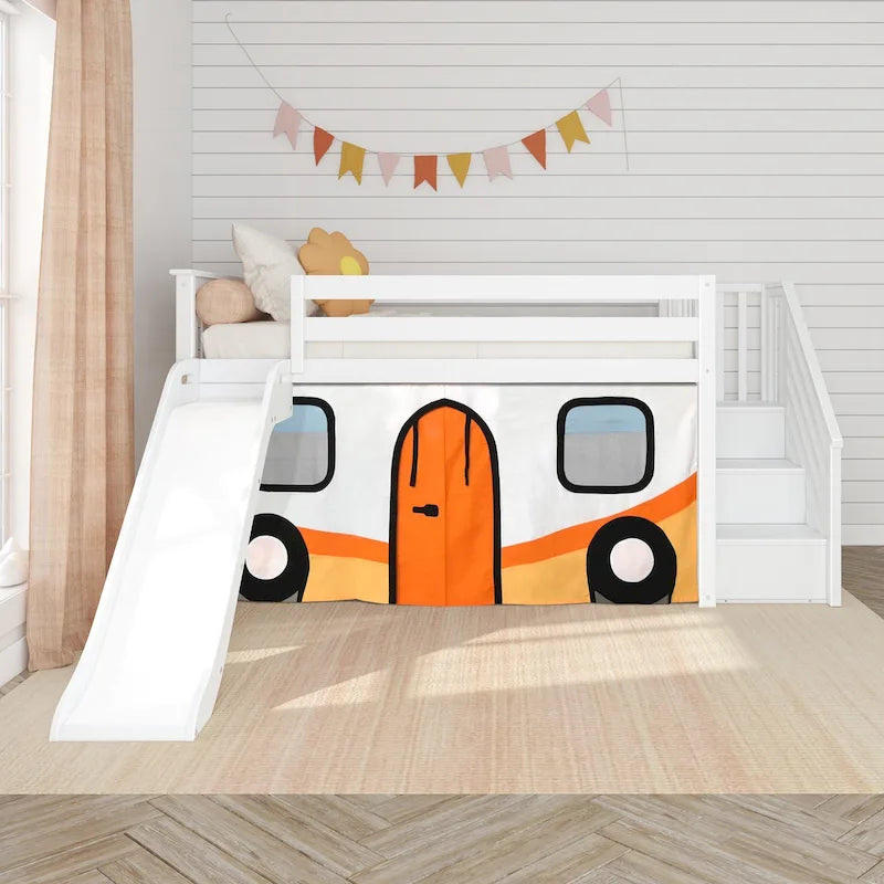 Lit mezzanine double classique Max and Lily avec escalier, toboggan facile et rideau