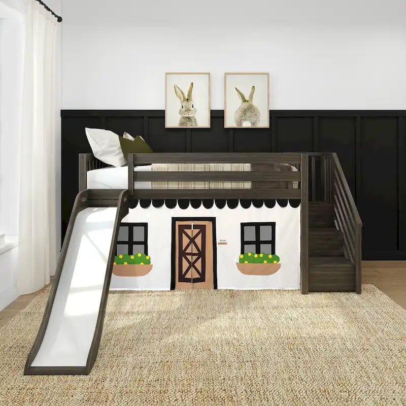 Lit mezzanine double classique Max and Lily avec escalier, toboggan facile et rideau