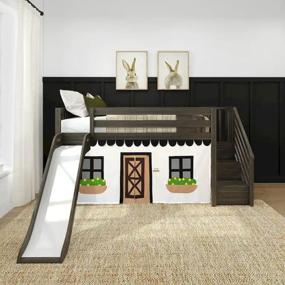 Lit mezzanine double classique Max and Lily avec escalier, toboggan facile et rideau