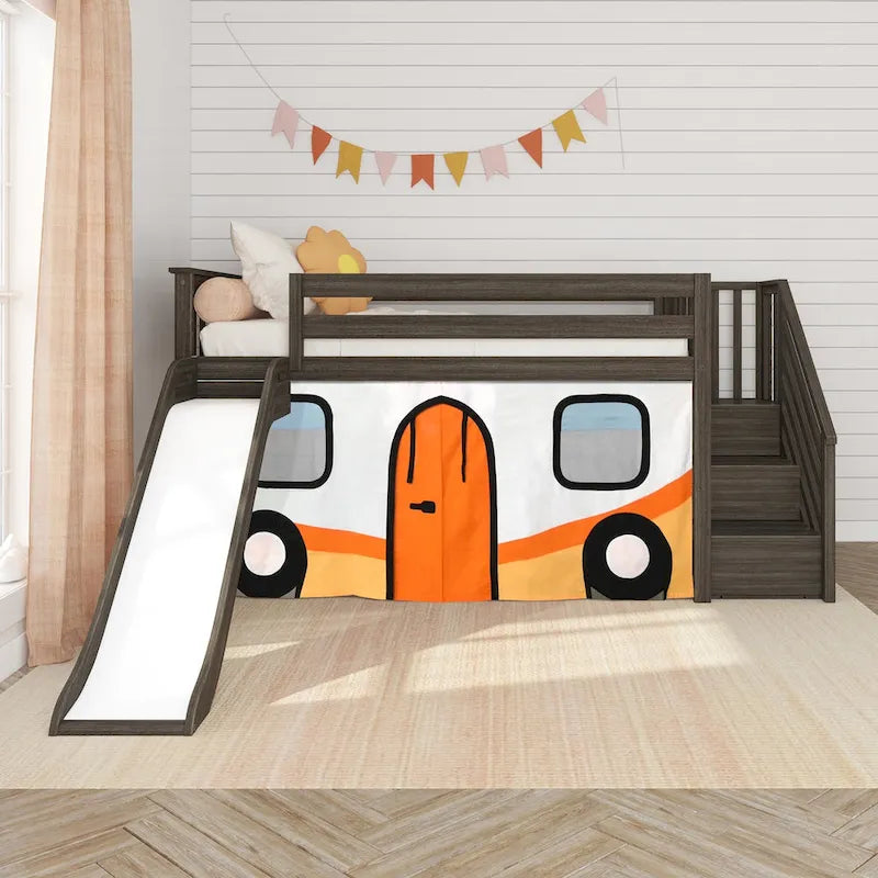 Lit mezzanine double classique Max and Lily avec escalier, toboggan facile et rideau