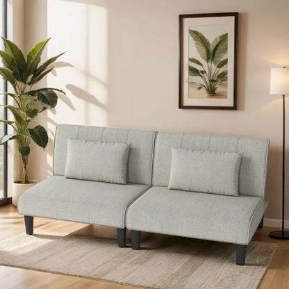 Canapé-lit deux places moderne sans accoudoirs en bois avec deux coussins pour salon