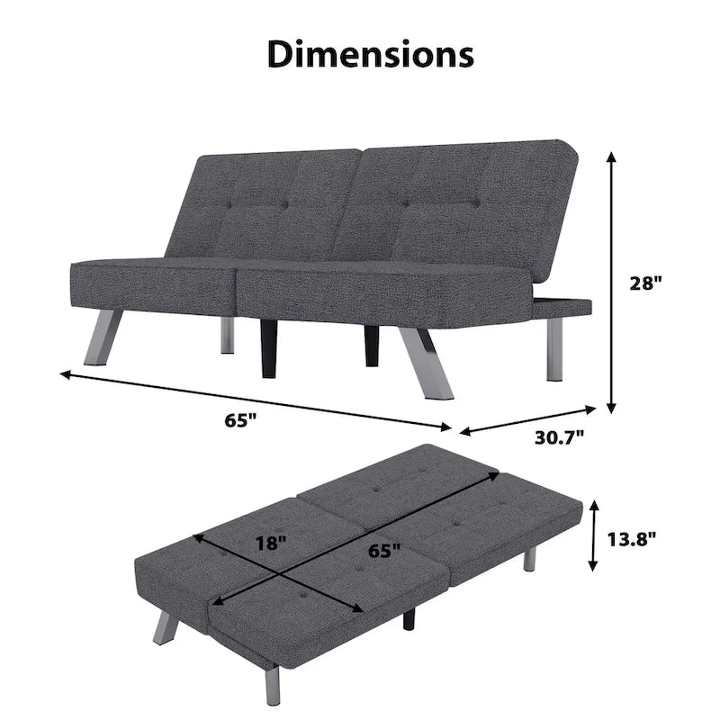 Canapé-lit deux places moderne sans accoudoirs en bois avec deux coussins pour salon