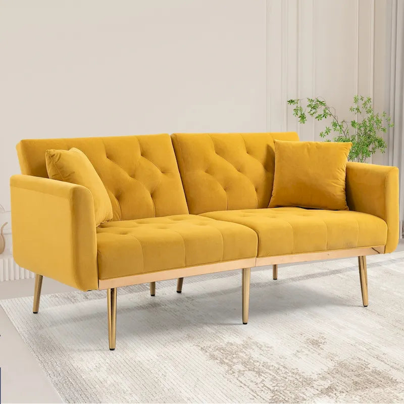 Canapé-lit deux places capitonné en velours avec pieds en or rose