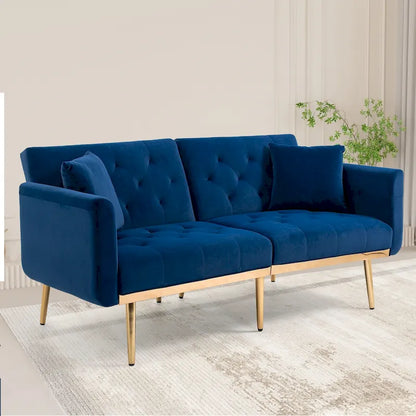 Canapé-lit deux places capitonné en velours avec pieds en or rose