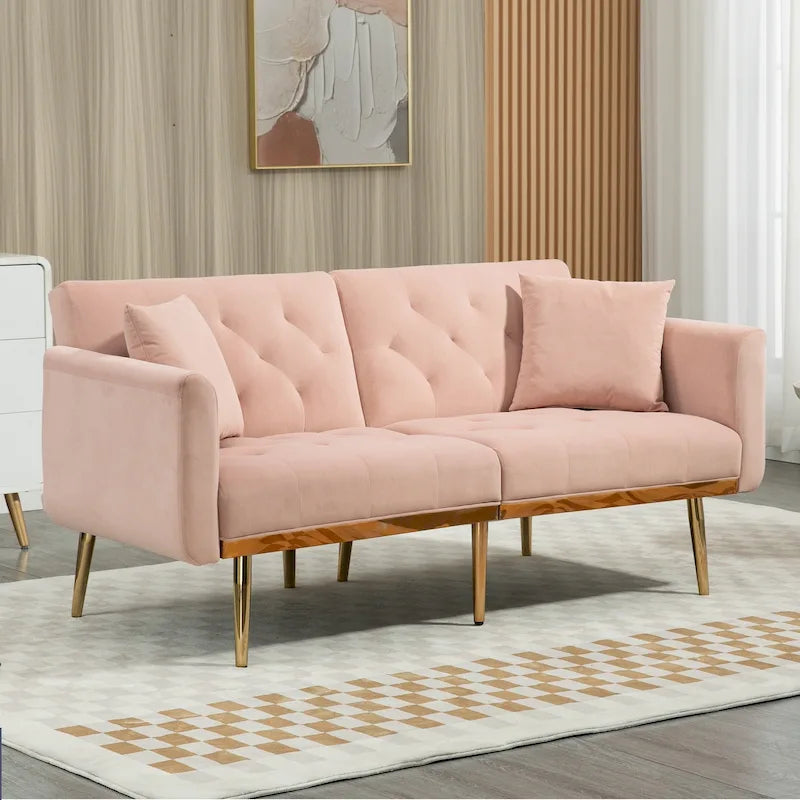 Canapé-lit deux places capitonné en velours avec pieds en or rose