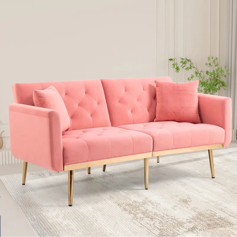 Canapé-lit deux places capitonné en velours avec pieds en or rose