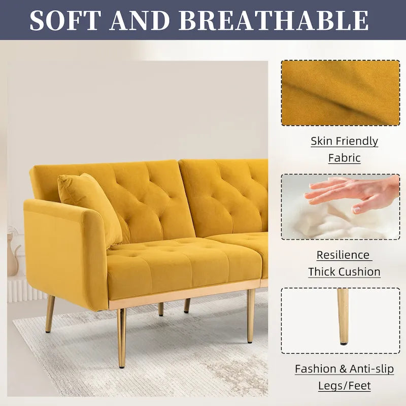 Canapé-lit deux places capitonné en velours avec pieds en or rose