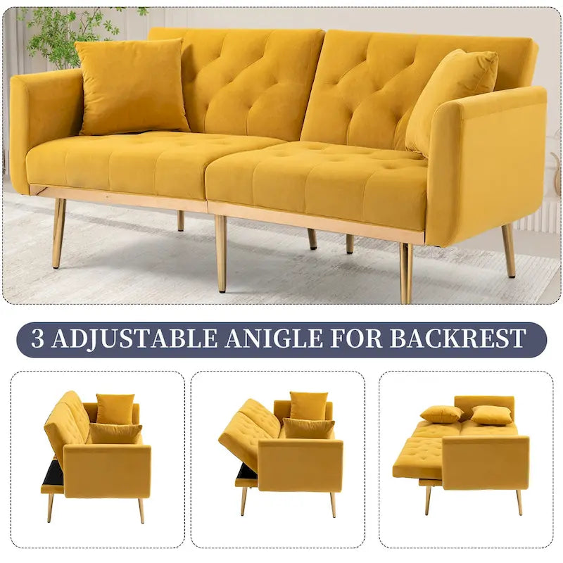 Canapé-lit deux places capitonné en velours avec pieds en or rose