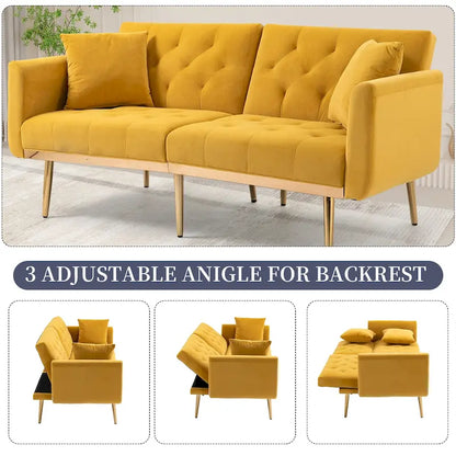 Canapé-lit deux places capitonné en velours avec pieds en or rose