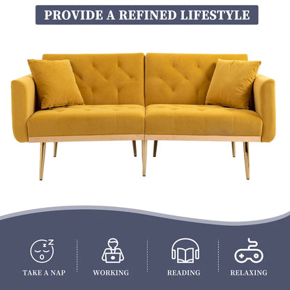 Canapé-lit deux places capitonné en velours avec pieds en or rose