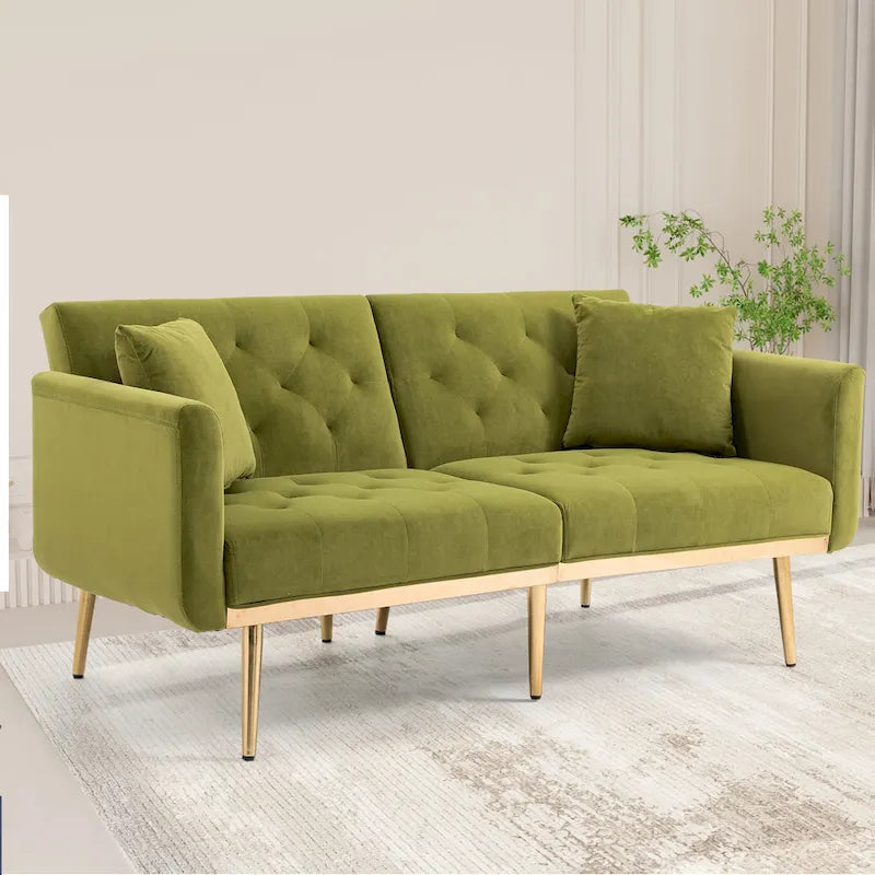 Canapé-lit deux places capitonné en velours avec pieds en or rose