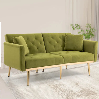 Canapé-lit deux places capitonné en velours avec pieds en or rose