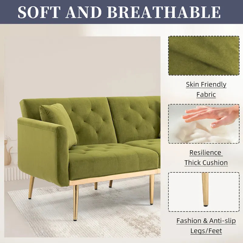 Canapé-lit deux places capitonné en velours avec pieds en or rose