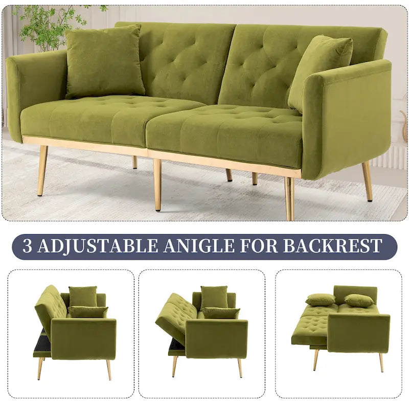 Canapé-lit deux places capitonné en velours avec pieds en or rose