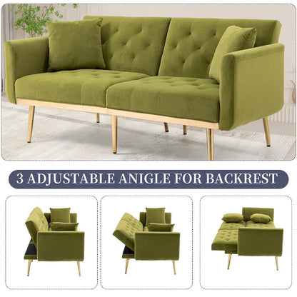 Canapé-lit deux places capitonné en velours avec pieds en or rose