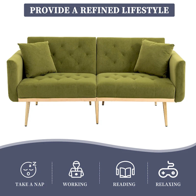 Canapé-lit deux places capitonné en velours avec pieds en or rose