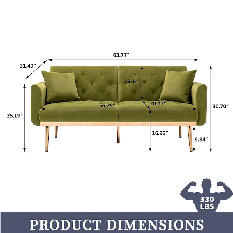 Canapé-lit deux places capitonné en velours avec pieds en or rose