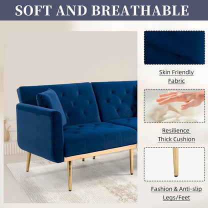 Canapé-lit deux places capitonné en velours avec pieds en or rose