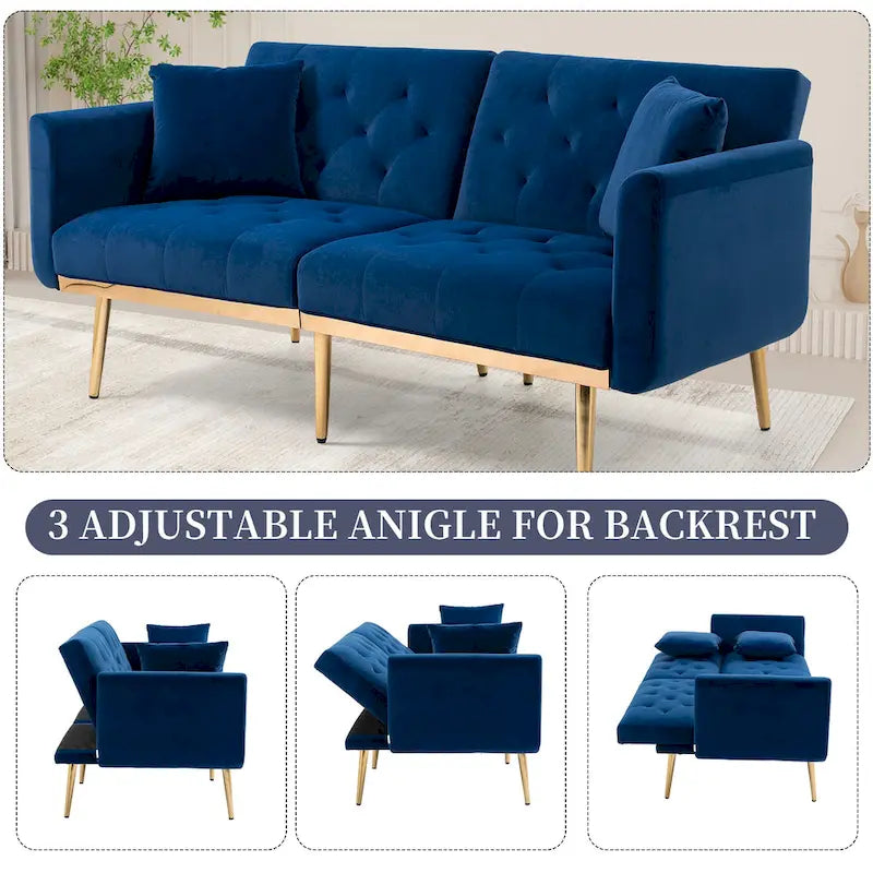 Canapé-lit deux places capitonné en velours avec pieds en or rose