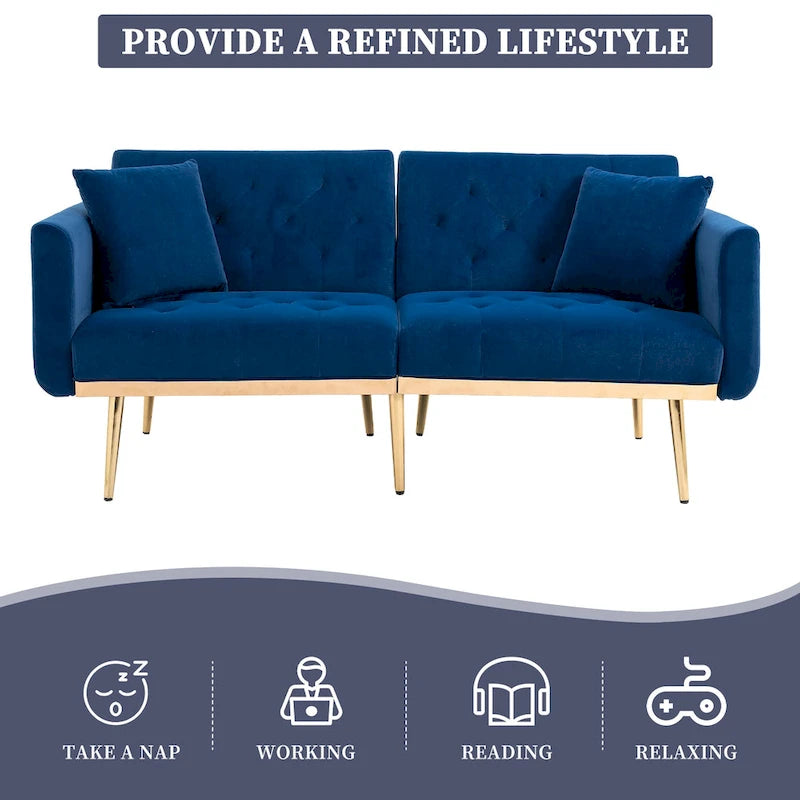 Canapé-lit deux places capitonné en velours avec pieds en or rose