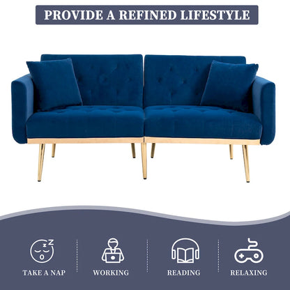 Canapé-lit deux places capitonné en velours avec pieds en or rose