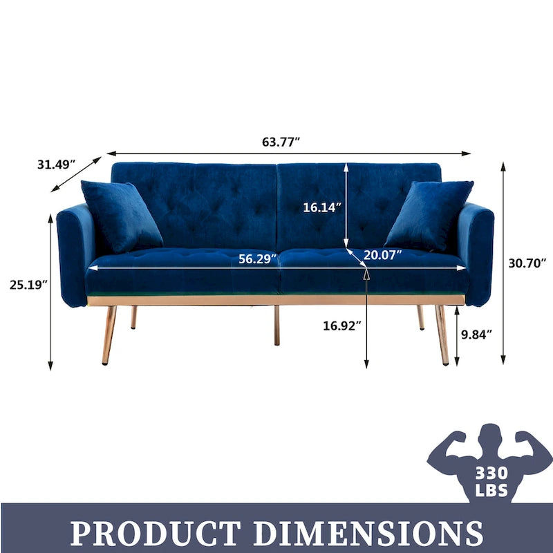 Canapé-lit deux places capitonné en velours avec pieds en or rose
