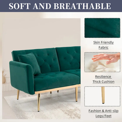 Canapé-lit deux places capitonné en velours avec pieds en or rose