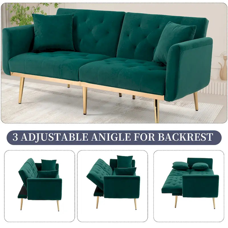 Canapé-lit deux places capitonné en velours avec pieds en or rose