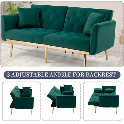 Canapé-lit deux places capitonné en velours avec pieds en or rose