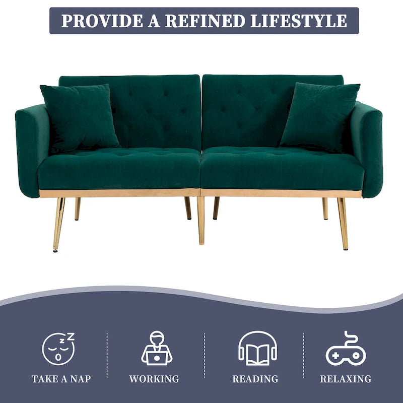 Canapé-lit deux places capitonné en velours avec pieds en or rose